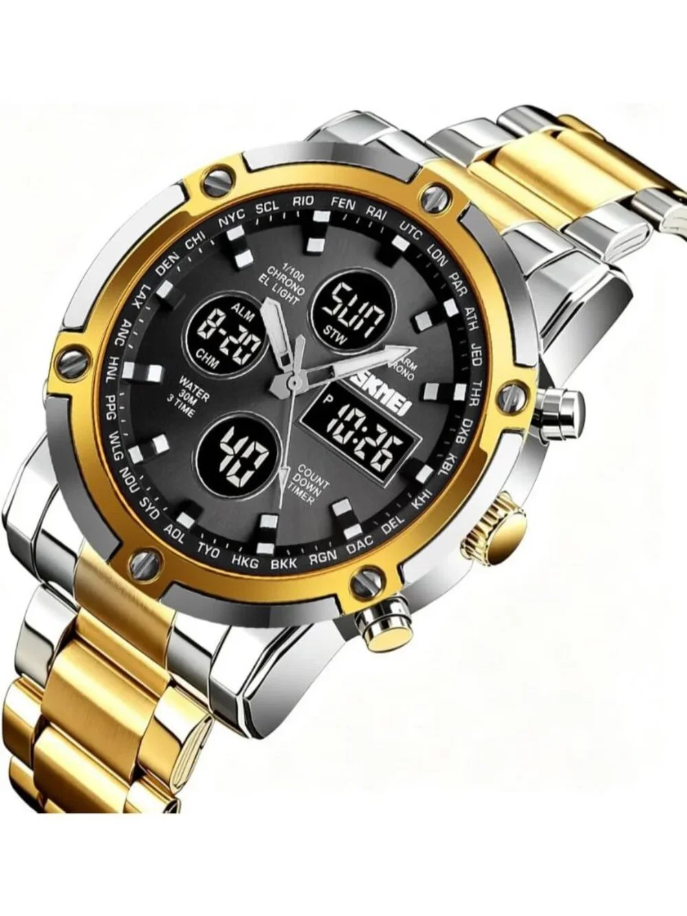 Men’s Two Tone Black Analog-Digital Stainless Steel Large Face Chronograph Watch